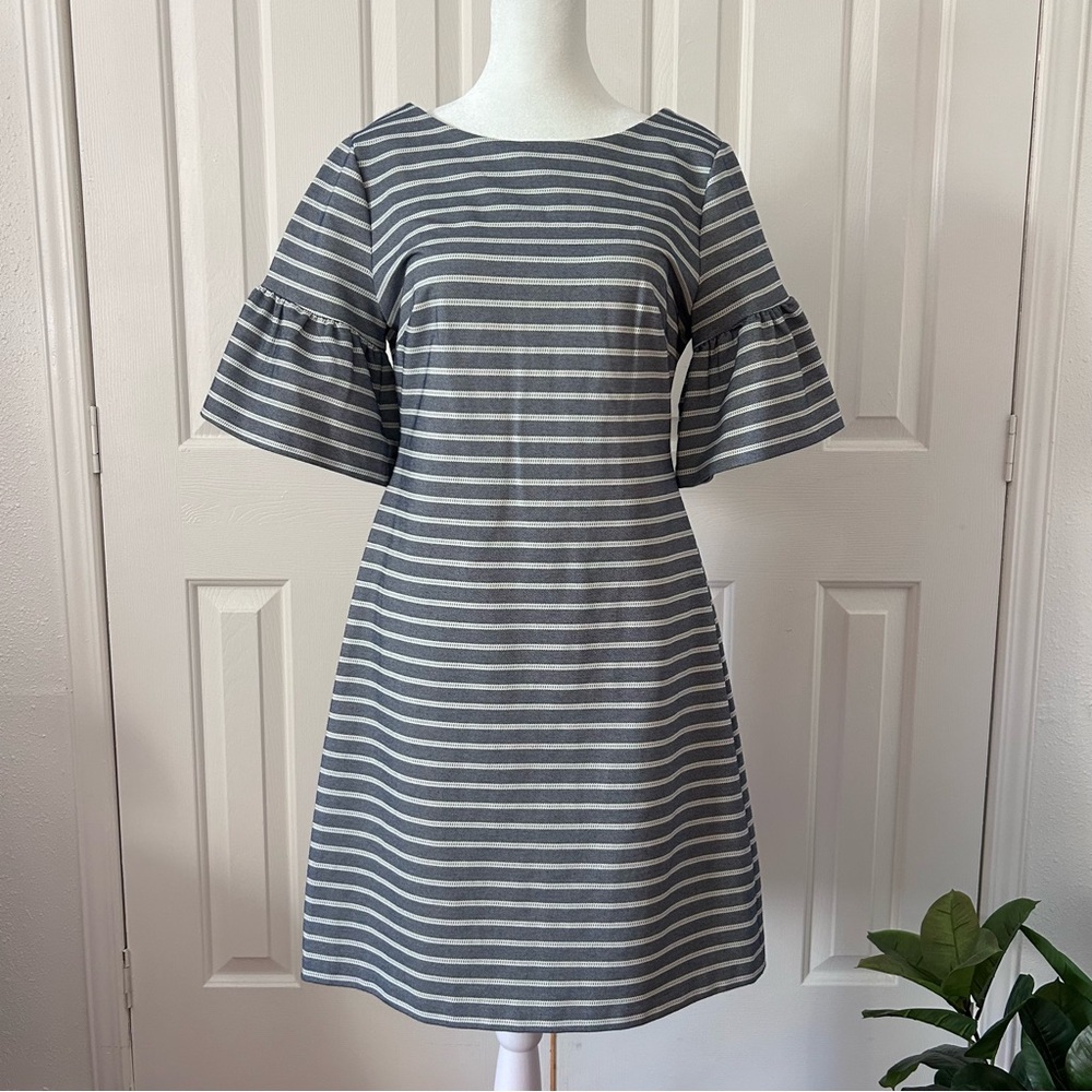 Ivanka Trump | Blue & White Striped Dress With Ruffle Bell Sleeves | Size 4